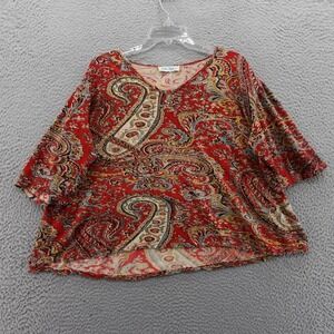 Ulla Popken Paisley Print Tunic Blouse Top Size 24* Red Womens Boho 3/4 Sleeve